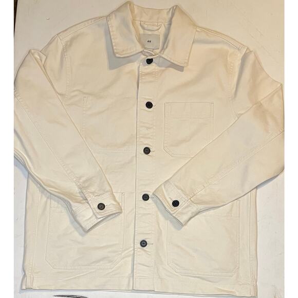 H&M Heavy Cotton Canvas Utility Overshirt Jacket L Cream Chore Style EUC Unisex - Picture 3 of 10